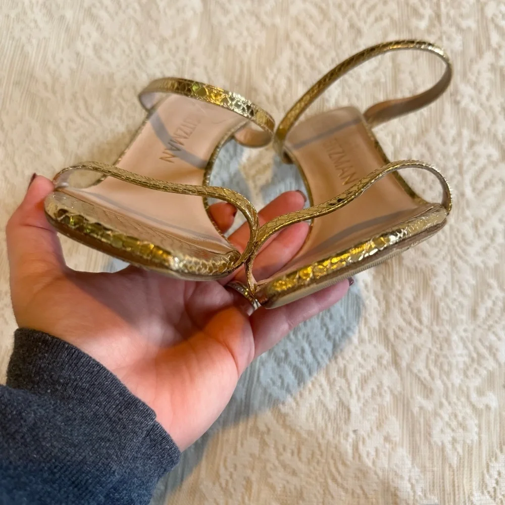 Stuart Weitzman 75 gold leather open toe stiletto pumps - Picture 6 of 10